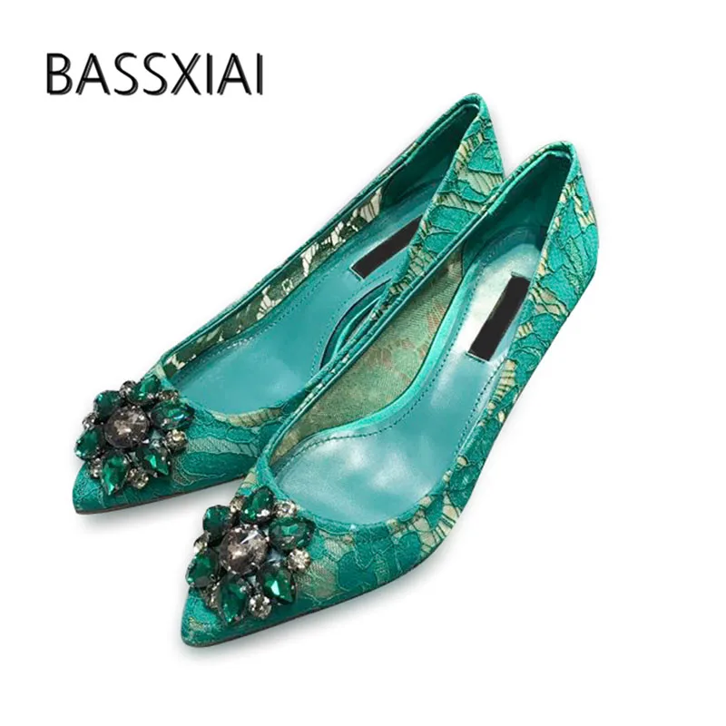 

2019 Lace Pumps For Women Pointed Toe Mixed Color Rhinestone Diamond Flower 6cm 9cm High Heel Shoes Woman Wedding Shoes