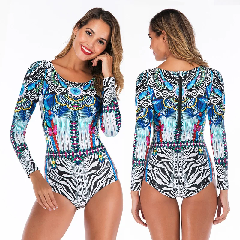 

Sexy Retro Print Women Swimsuit High Waist Swimwear Bodysuit Long Sleeve Zipper Bathing Suit Biquini Monokini Femme XXL