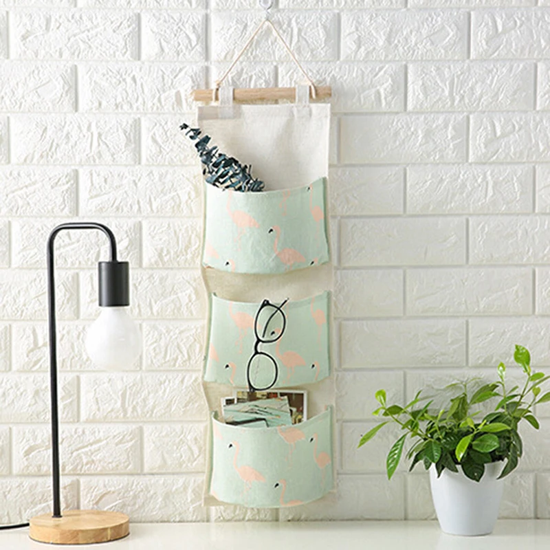 

Cotton linen hanging storage bag with flamingos design 3 pockets wall mounted closet hanging wall organizer for cosmetic toys