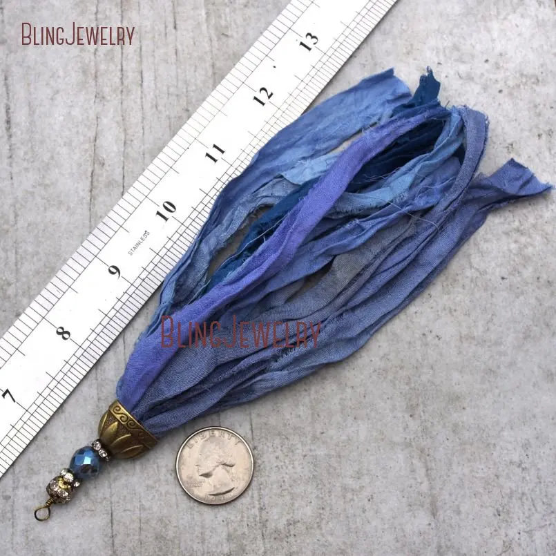 20171213-PM9150- Blue Shades Sari Silk Tassel Pendant  Antique Bronze Color Plated_6