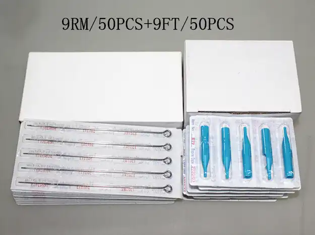 Yilong (9RM + 9ft) 50 шт. одноразовые стерильные иглы татуировки + 50 шт. синий одноразовые татуировки Советы Бесплатная доставка татуировки иглы код - изображение