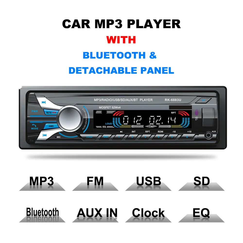 Auto Car Radio Audio Stereo MP3 Player 1 Din Bluetooth 12V 7 Color Light Front Detachable Panel Support SD / FM AUX USB | Автомобили и