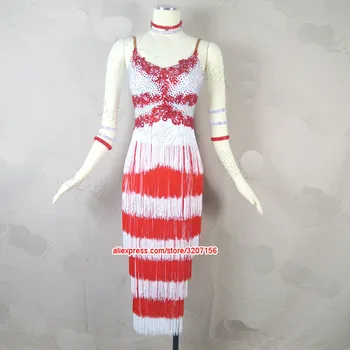 

New latin dance dress women Sexy Blue red fringe latin dance dress kick pleat dress for the Cha Cha Tango dance Knee-Length