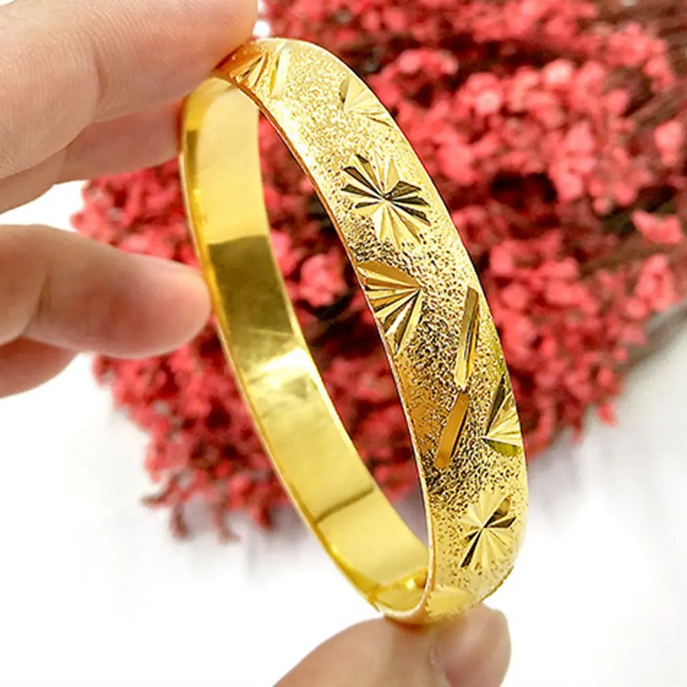 Thick Carved Bangle Yellow Gold Filled Bridal Womens Bracelet Bangle