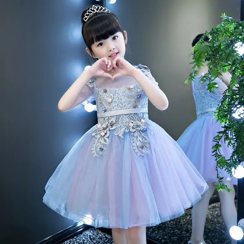 Элегантные аппликации платья для первого причастия для детей милые синие тюлевые платья для девочек Выпускные Платья с цветочным узором для девочек