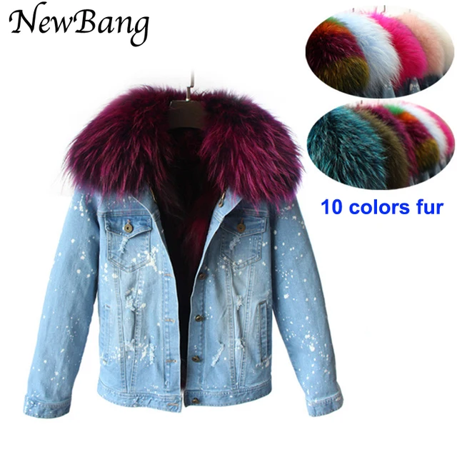 Best price at $206 Cheap Winter Jacket Women Parkas Denim Large Raccoon Fur Collar Coat Outwear Detachable Fox Fur Liner Style Faster Free Shipping