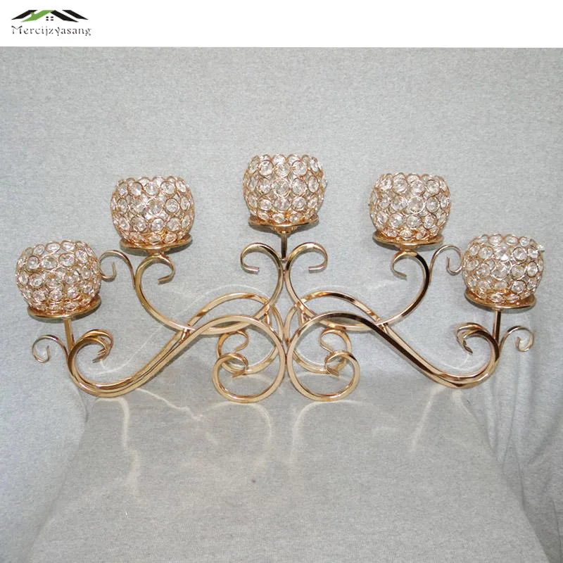 

Metal Golden Plated Candle Holders 5-Arms With Crystals 70CMx33CM Stand Pillar Candlestick For Wedding Portavelas Candelabra