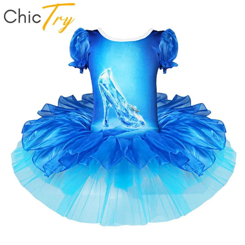 

ChicTry Girls Blue Crystal Shoe Printed Professional Ballet Tutu Dress Kids Ballet Leotard Child Stage Performance Dance Costume