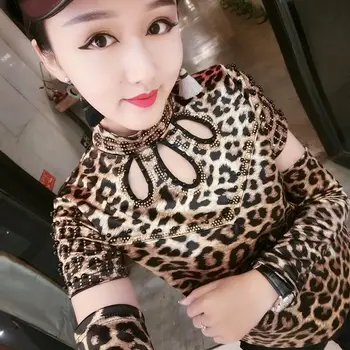 

Stand Collar Leopard Print Satin shirts Women Hollow Out Leopard blouse Tops