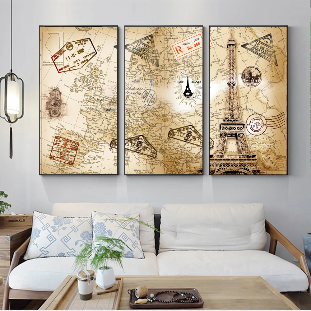 

3 PCS Vintage World Map Posters Wall Art Canvas Painting Prints Modern Europe Traveling Map Modular Cuadros Picture Wall Decor