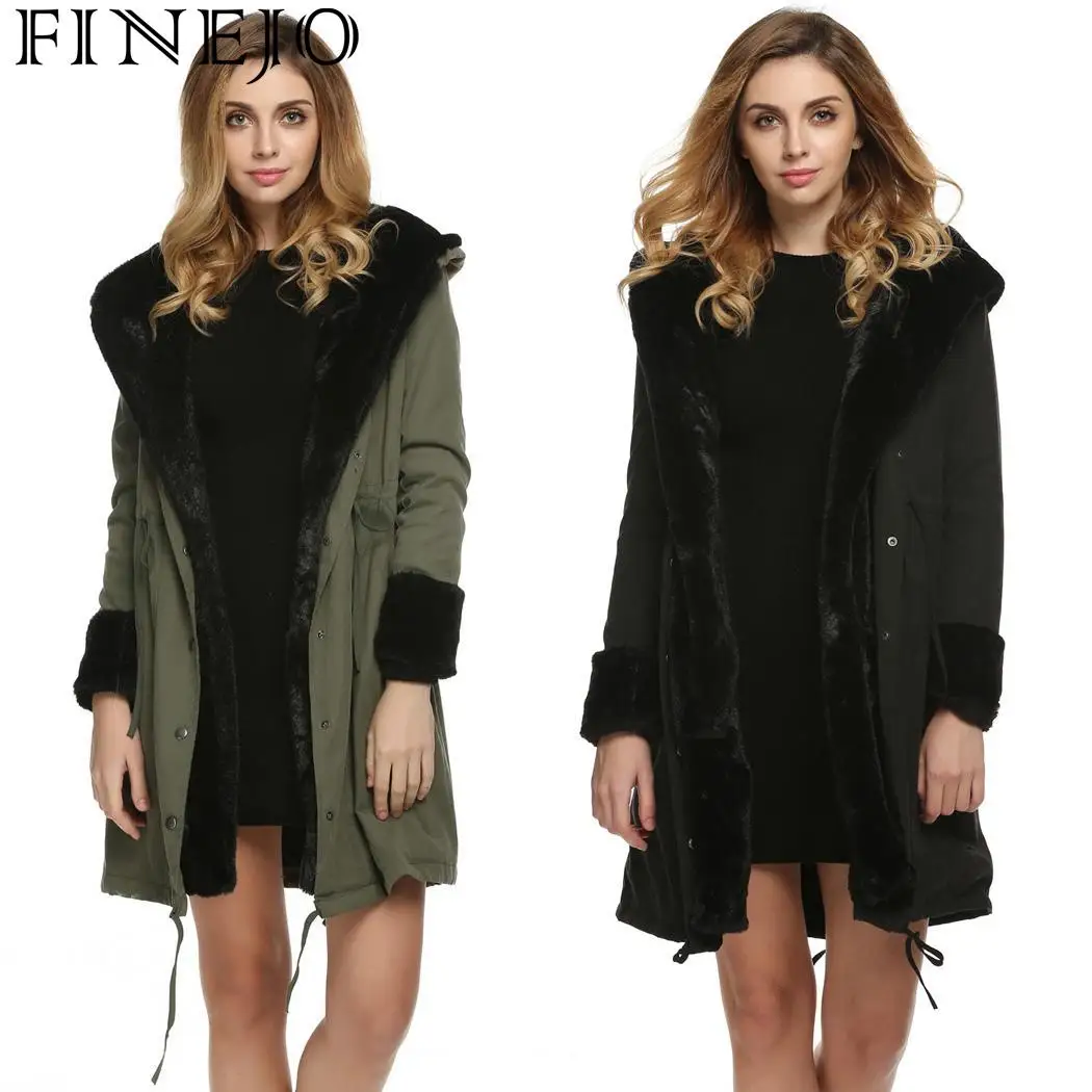 FINEJO Long Overcoat Stylish Jacket Warm Winter Winter Fur Coat Coats Hooded Outerwear Faux Parka Women Thick