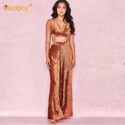 2019 новый летний женский клубный бархатный женский костюм Vestidos бюстгальтер Топ и широкие брюки 2 шт. комплект два сексуальных знаменитостей