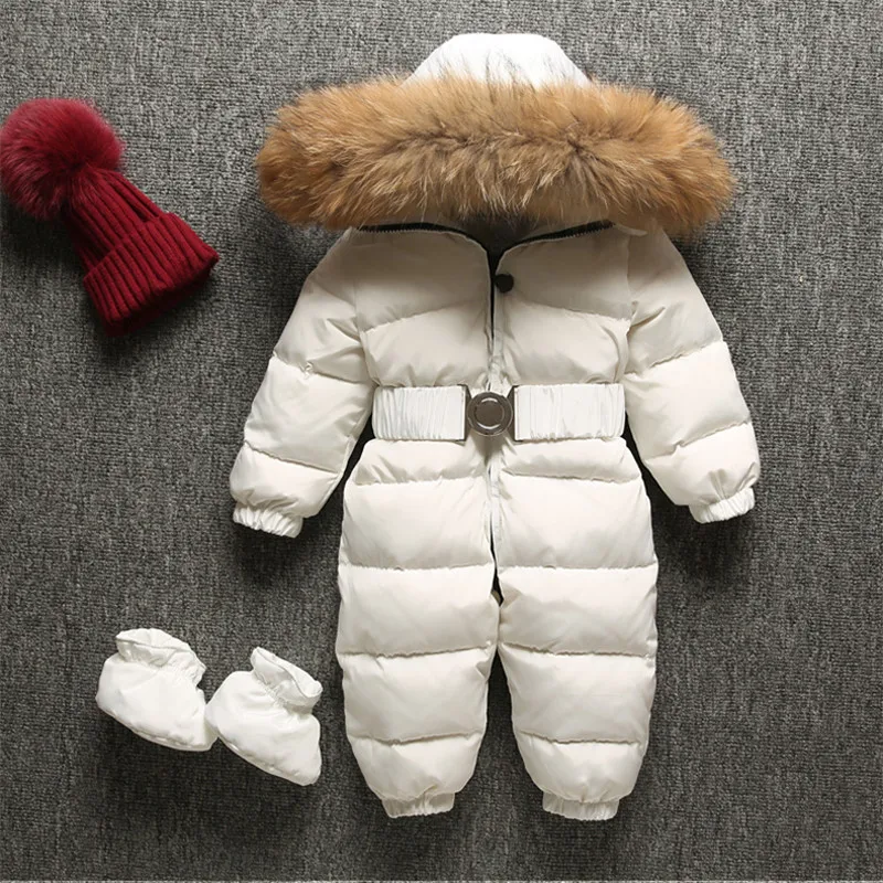 

Infant Duck Down Jumpsuit Boys Girls Winter Overalls Baby Winter Warm Thick Snowsuits Real Fur Toddler Snow Wear Hooded Parkas