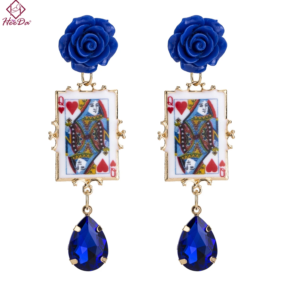 

Heeda Kpop Creative Unique Acrylic Poker Long Stud Earrings Vintage Rose Flower Earring Graceful Joker Crystal Blue Women Bijoux