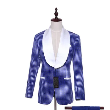 

Mens Casual Jacket Blazers Two Button Royal Blue White Dots Pattern Slim Wedding Tuxedo Business Formal Prom Coat XS-4XL Custom