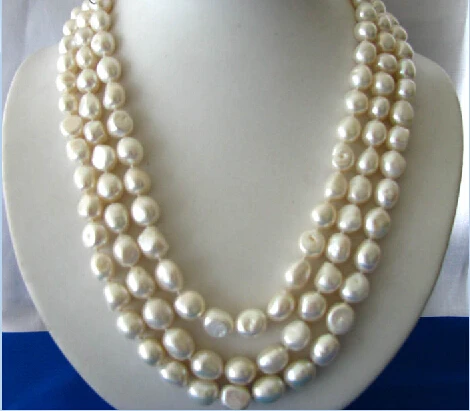 

3strands 17"11mm baroque white freshwater pearl necklace shell flower clasp