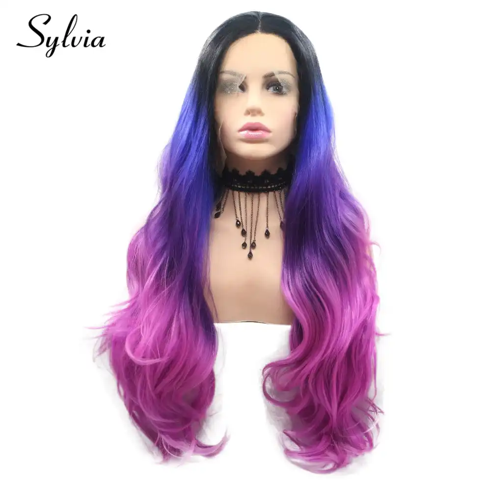 Sylvia Blue Purple Pink Ombre Body Wave Synthetic Lace Front Wigs