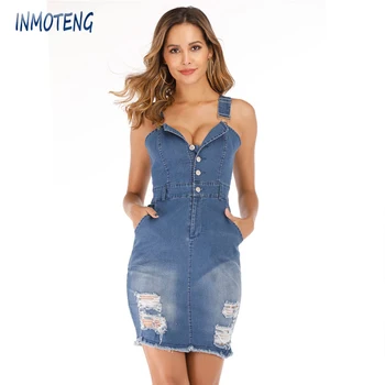 

INMOTENG Sexy Blue Denim summer Dress Women Slim Jeans Dresses One piece Cowboy vintage Pocket Button Bodycon Dress Vestidos