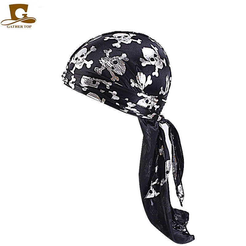 Новый золотой череп шаблон durag du rag тюрбан шляпа шелковистая Durags банданы головные