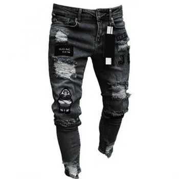 

Men Stretchy Ripped Skinny moto BikerTaped Denim Scratched High-grade Jeans Embroidery Print Jeans Destroyed Hole pants