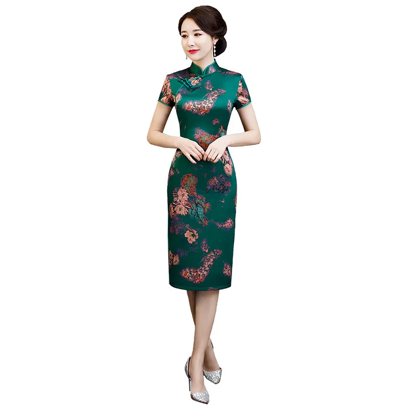 Зеленый стильный принт в китайском стиле обтягивающее платье Винтаж женские короткие Qipao район Классический этап шоу элегантный женское