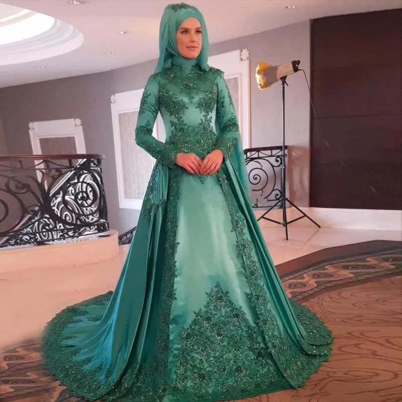 

Vestido De Noiva 2019 Green Muslim Evening Dress A-line Long Sleeves Applique Beaded Dubai Arabic Custom Party Prom Gowns
