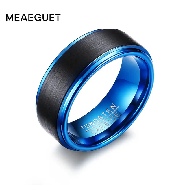 Meaeguet 8 MM Largo Nero/Blu Carburo di Tungsteno Wedding Bands Per Gli Uomini A Meaeguet 8 MM Largo Nero/Blu Carburo di Tungsteno Wedding Bands Per Gli Uomini A