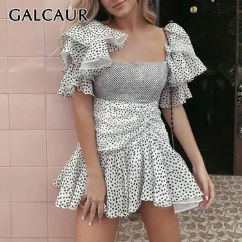 

GALCAUR Leopard Ball Gown Dress Women Square Collar Butterfly Sleeve High Waist Patchwork Mini Female Dresses Fashion New Summer