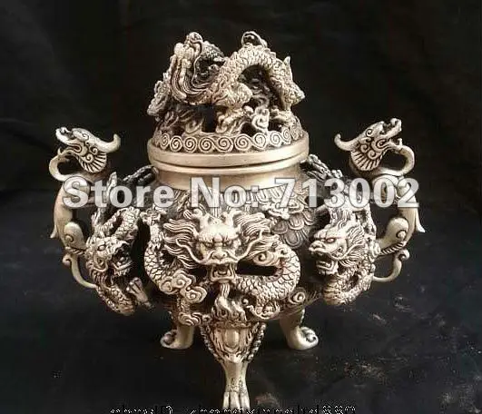 

Vintage Marked Chinese Dynasty Silver Nine Dragons Statuary Incense Burner Censer