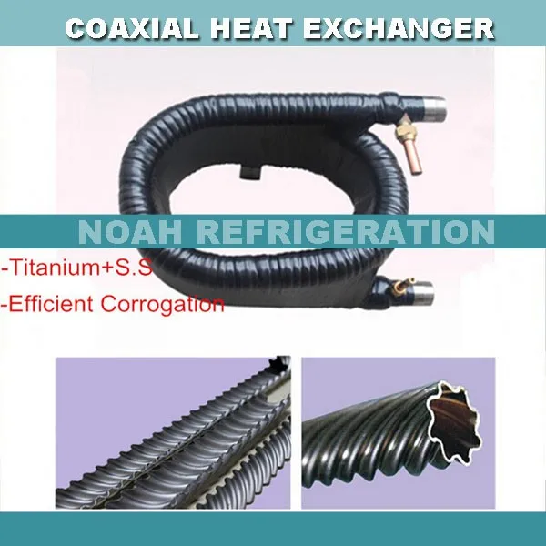 ! 17.5KW (5HP) titanium tube in stainless steel tube coaxial condenser heat exchanger for seawater