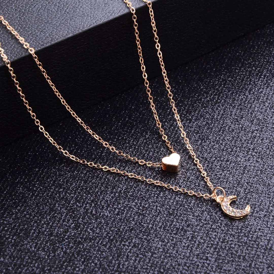 Bohemian Simple Double Layer Gold Color Chain Chic  Love Heart Moon Clavicle Pendant Necklace Charms Jewelry Gift For Girlfriend
