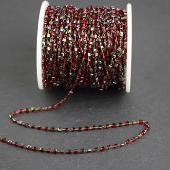 

New Arrival!Red Glass Cube Shaped Beads Chain,Wire Wrapped Brass Links Necklace Jewelry Mini 2mm Beads