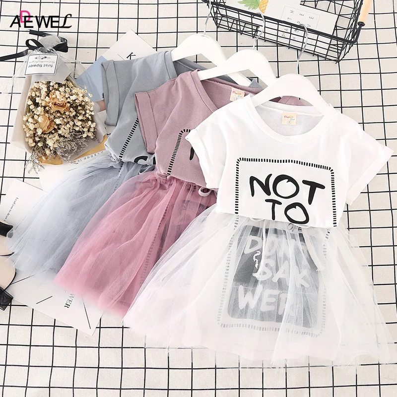 

ADEWEL 2019 New Girls Summer Dress Cotton Mesh Children Princess Clothing Letter Printed Kids Dresses for Girl 2 3 4 5 6 7 Year
