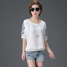Летняя новая модная Свободная Женская маленькая футболка с вышивкой и короткими рукавами