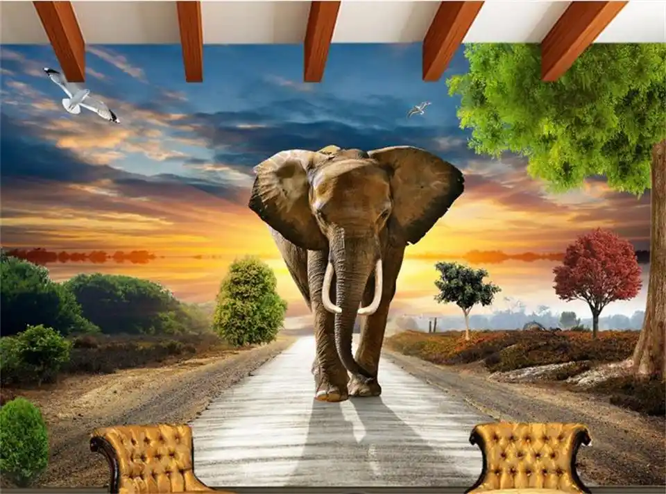 3d Custom photo mural 3d wallpaper elephant sky road bird setting wall