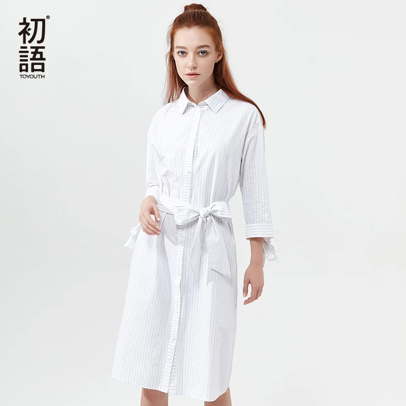 

Toyouth 2019 Autumn Elegant Office Dress Shirt Fashion Black Stripe Lapel Vestido Bandage Three Quarter Sleeve Dresses for Women
