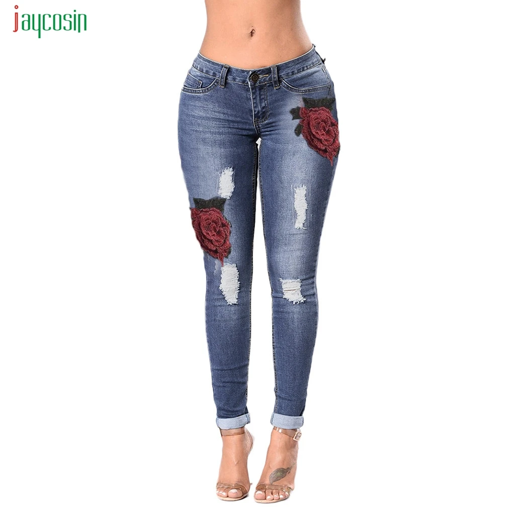 

Jaycosin 2019 Fashion Women High Waist Flower Emboridered Pants Hole Skinny Stretch Pencil Long Slim Casual Leggings Jeans