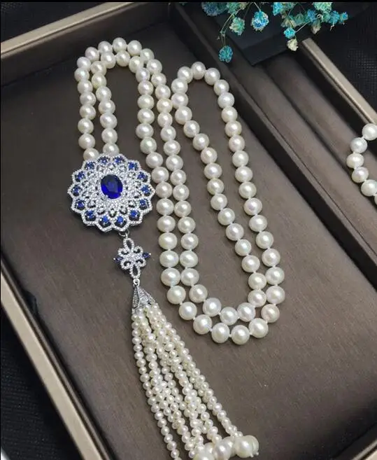 

Beautiful NEW stunning 9-10mm pearl long necklace 36"with pendant tassel 50"