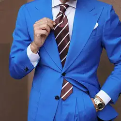 Широкий максимумом нагрудные Королевский синий мужские свадебные костюмы 2019 Жених фраки строгие костюмы человек блейзеры 2 частей пальто