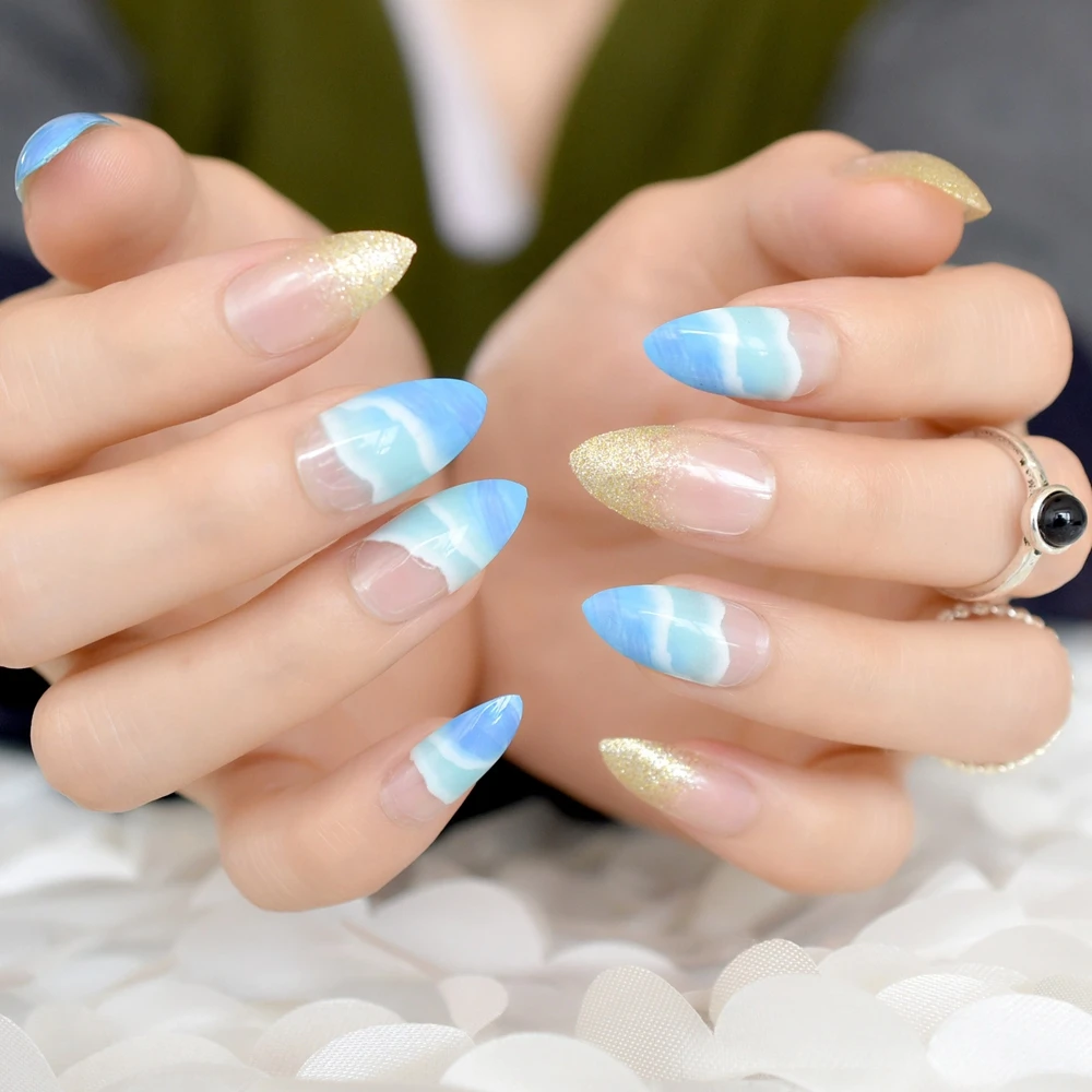 Прозрачные французские накладные ногти-стилеты накладные ногти голубое небо белое облако узор блестящий золотой блеск Предварительно Дизайн ногтей типсы для невесты Вечерние