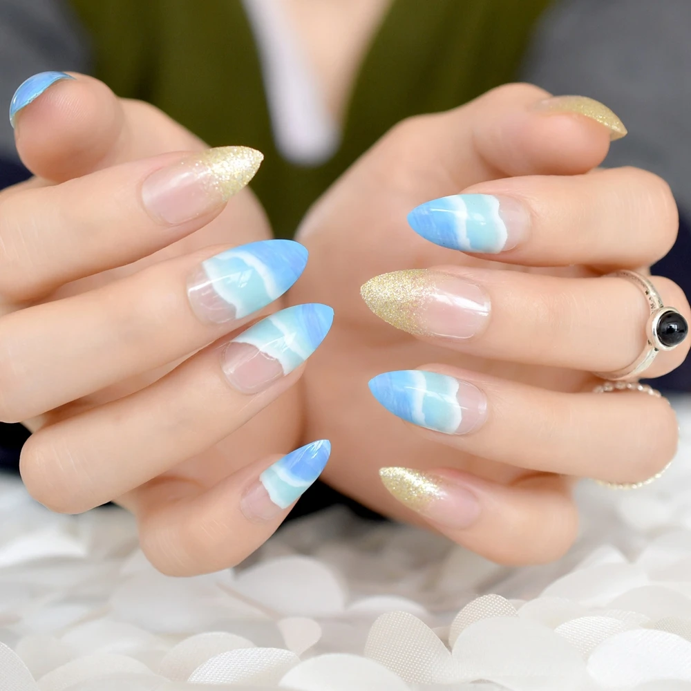 Clear French Stiletto Fake False Nails Blue Sky White Cloud Pattern Shiny Gold Glitter Pre Design Nail Tips For Bride Party False Nails Aliexpress