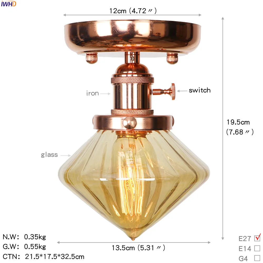 IWHD Nordic железный металлический светодиодный потолочный светильник балкон Освещение в гостиную Edison стеклянные потолочные светильники Plafon Lamparas De Techo