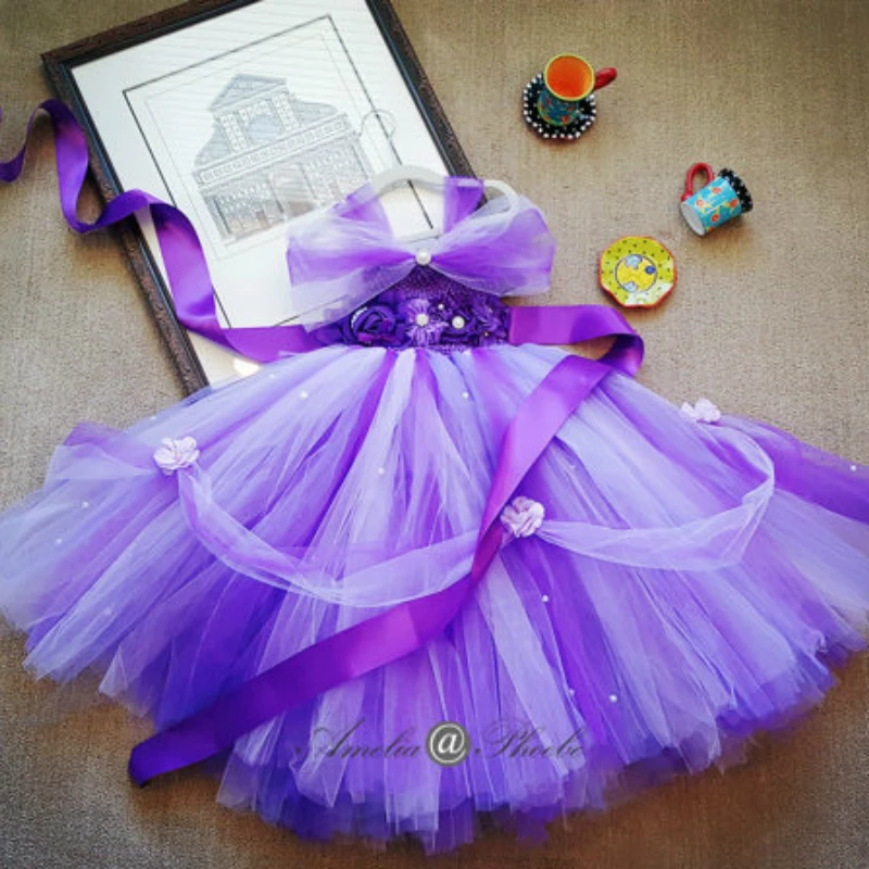 

Royal Purple Princess Tutu Dress with Flower Belt Princess Flower Girl Dressfor Wedding Party Birthday Elegant Princess Costume