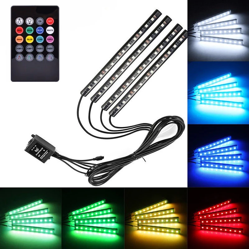 

4PCS/SET Colorful RGB 12LED Car Interior Neon Atmosphere Strip Light with Music Remote Control DC 12V Auto Decorative Lamp