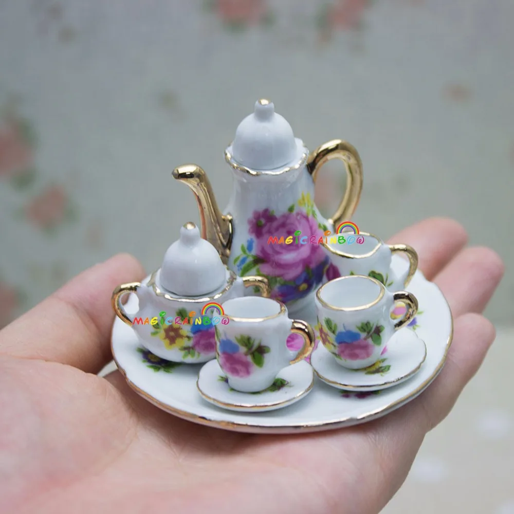 Кукольный домик миниатюры кухонный кофейный чайный сервиз фарфоровая тарелка тарелки кастрюли чашка чайник с красной розой узор 8 шт