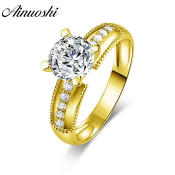 

AINUOSHI 14K Solid Yellow Gold Round Ring 7mm SONA Diamond Bague Bijoux Vintage Pattern Wide Band Wedding Engagement Woman Ring