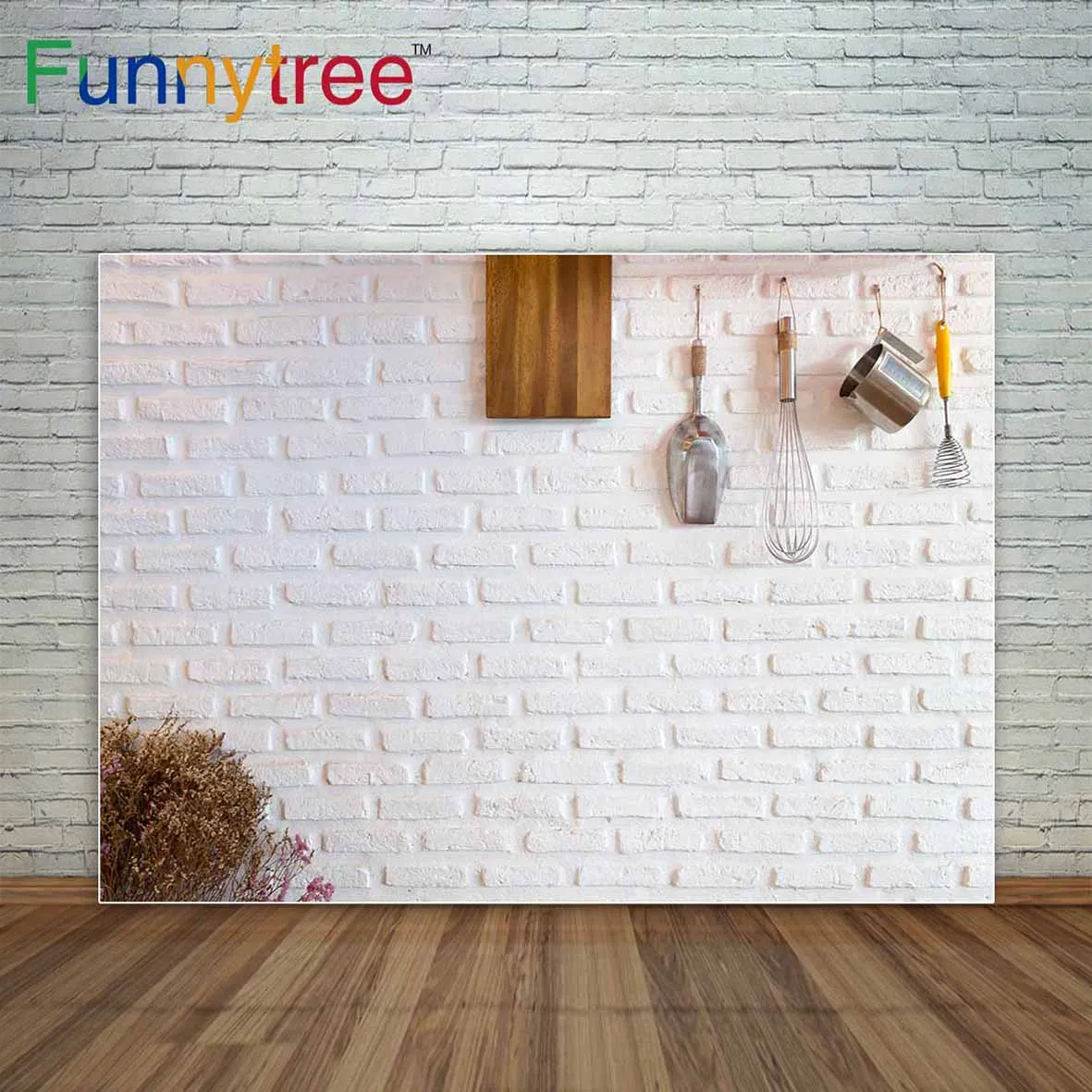 

Funnytree photo background white brick wall with kitchen tools backdrop professional photography background decoration photocall
