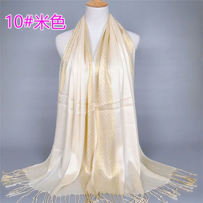 Дизайн простой люрекс блеск кистями Хлопок плед полосатая шаль шарф обертывание длинный пашминовый палантин хиджаб мусульманский снуд 180*60 см - Цвет: 10