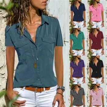 

Womens Office Tops Pocket Blouse Plus Size 5XL Short Sleeve Summer Blouse Work Elegant Large Turn-down collar Shirt Blusas Mujer