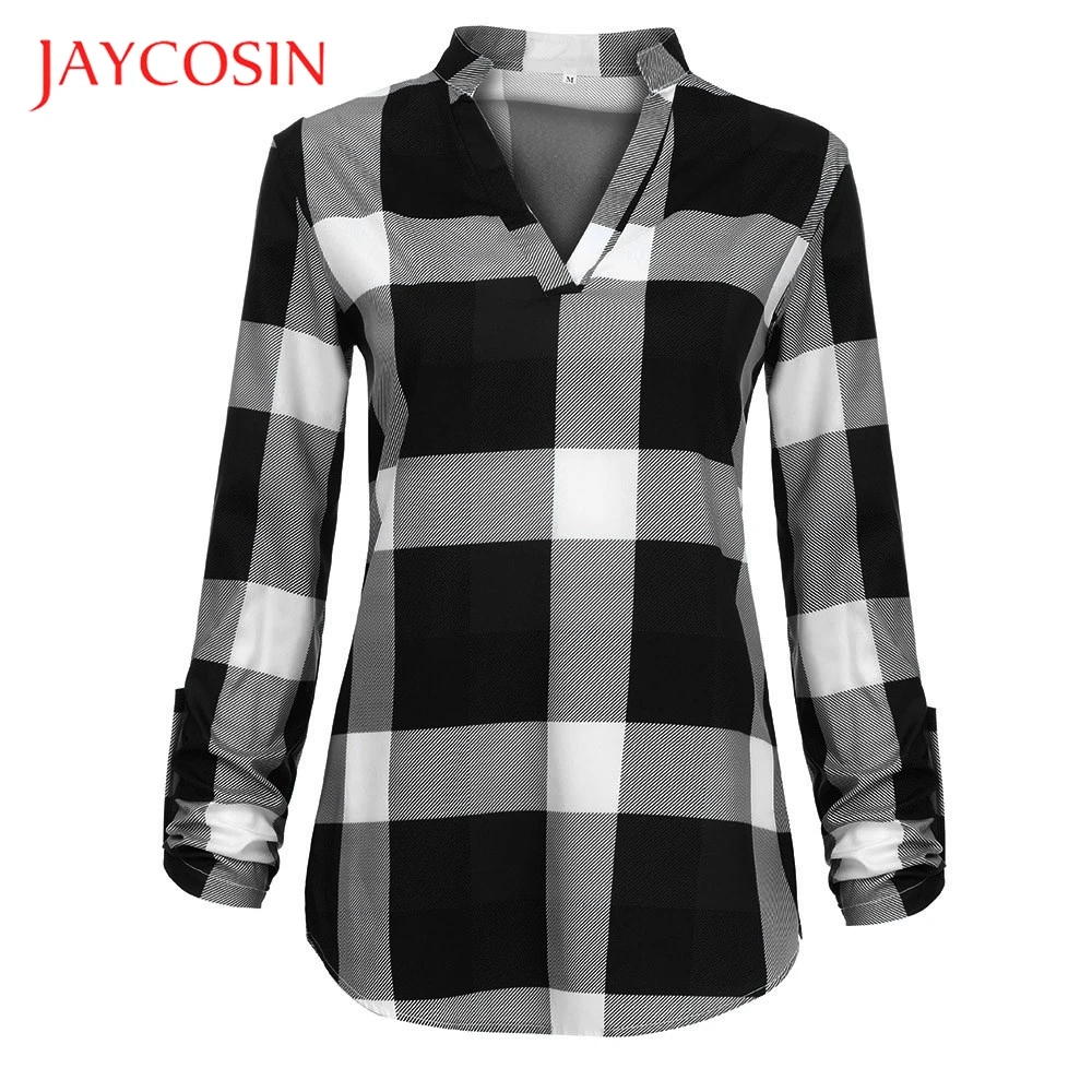 Женская клетчатая рубашка JAYCOSIN с длинным рукавом и v образным вырезом блузка